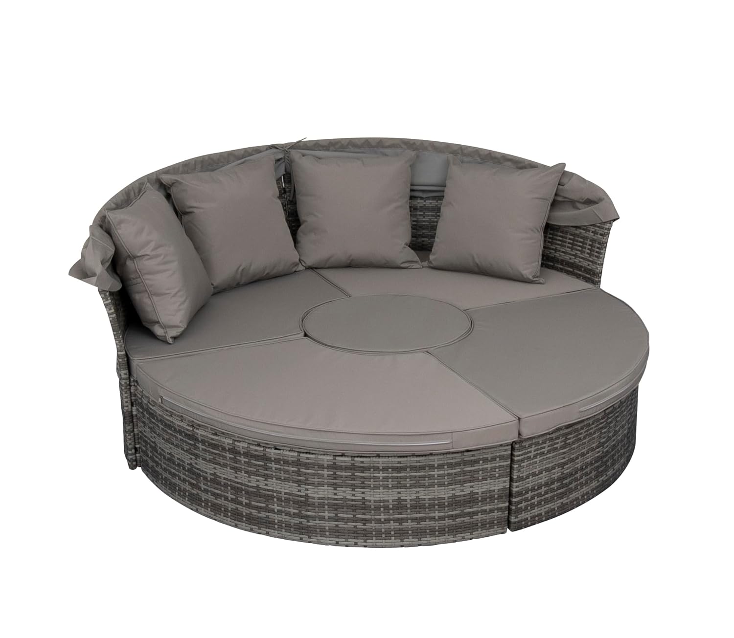 GH ® 5 Piece Modular Wicker Garden Daybed with Central Stool, Outdoor Rattan Sectional Sofa Set with Rattan Daybed or 4 Chairs, Round Table,Scatter Pillows, Cushions, Grey