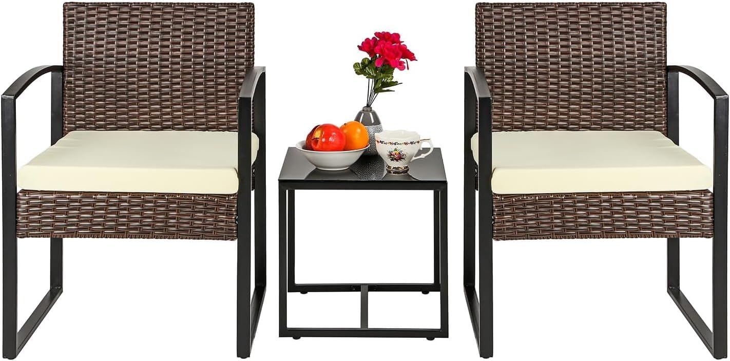 Greenfields 3pc Bistro Set - Modern Rattan Conversation Patio Furniture with Cushioned Chairs and Tempered Glass Table - Outdoor Coffee Table, Chair Set for Garden, Balcony,...