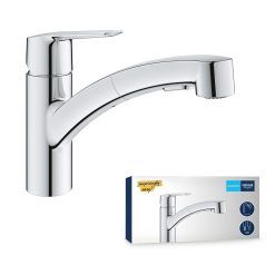 GROHE QUICKFIX Start - Kitchen Sink Tap Mixer with Pull-Out Dual Spray (Low Spout with 90° Swivel Area, 1-Hole Easy Install with Fast Fixation, Requires Min 1.0 Bar, Tails 3/8...