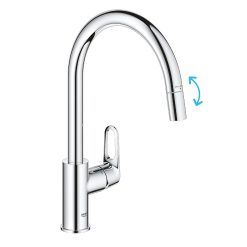 GROHE Start Flow QuickFix - Extenable Kitchen Mixer Tap with Pull-Out Function (High C-spout, 360° Swivel Area, 28 mm Ceramic Cartridge, Tail 3/8 Inch, High Pressure), Size 357...