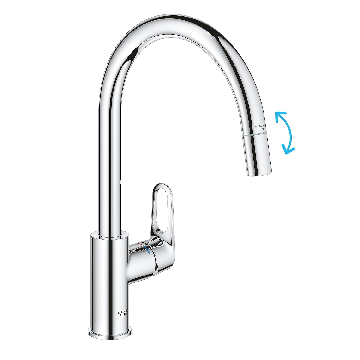 GROHE Start Flow QuickFix - Extenable Kitchen Mixer Tap with Pull-Out Function (High C-spout, 360° Swivel Area, 28 mm Ceramic Cartridge, Tail 3/8 Inch, High Pressure), Size 357...