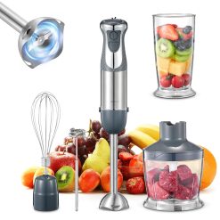 Hand Blender, 5 In 1 Hand Blenders for Kitchen, 1000W Power, 12 Speed Indicator & Turbo Stick Blender, Baby Food Blender with Mixing Beaker, Chopper, Whisk, Milk Frother (Gray)