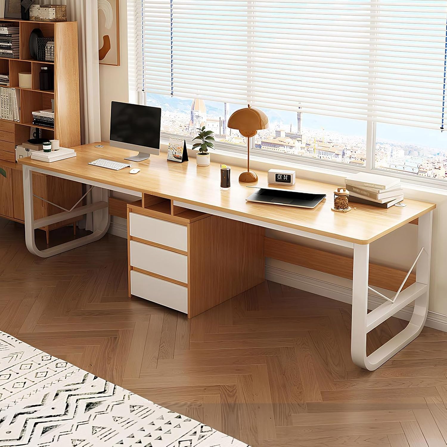 HCBHG Large Two Person Desk with Drawers, Double Gaming Computer Desk Workstation, Wood Writing Study Table, Long Desk for 2 People, for Home Office(Natural,78.74in)