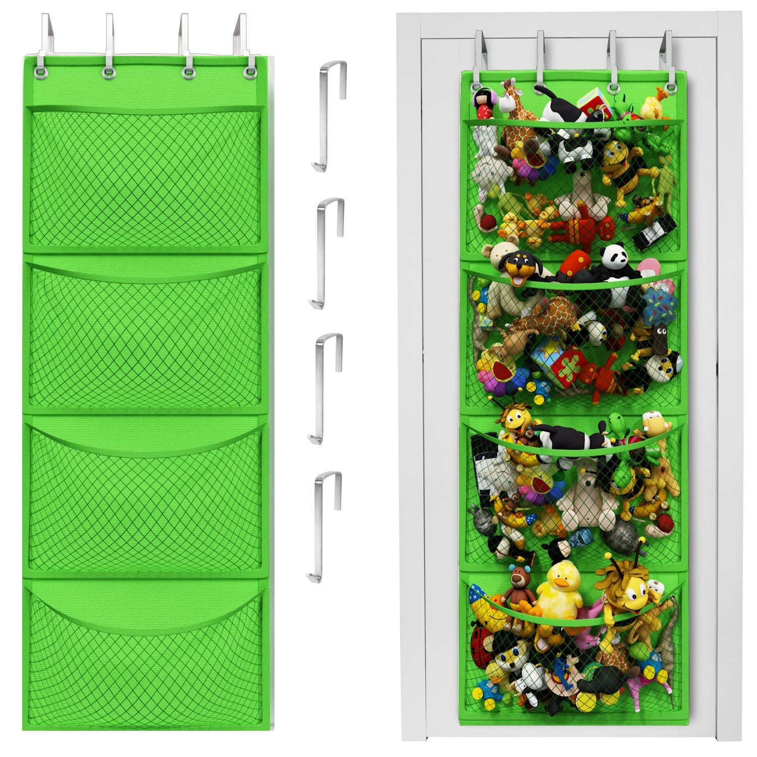 Honeyera Over Door Organizer for Stuffies, Baby Accessories, and Toy Plush Storage - Easy Installation with Breathable Hanging Storage Pockets (Green)