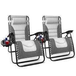 KEPLIN Set of 2 XXL Premium Heavy Duty Padded Zero Gravity Chairs - Luxurious Garden Recliners, Adjustable Headrest, Cup & Phone Holder, Foldable (Dark Grey, 2 Pack Padded)