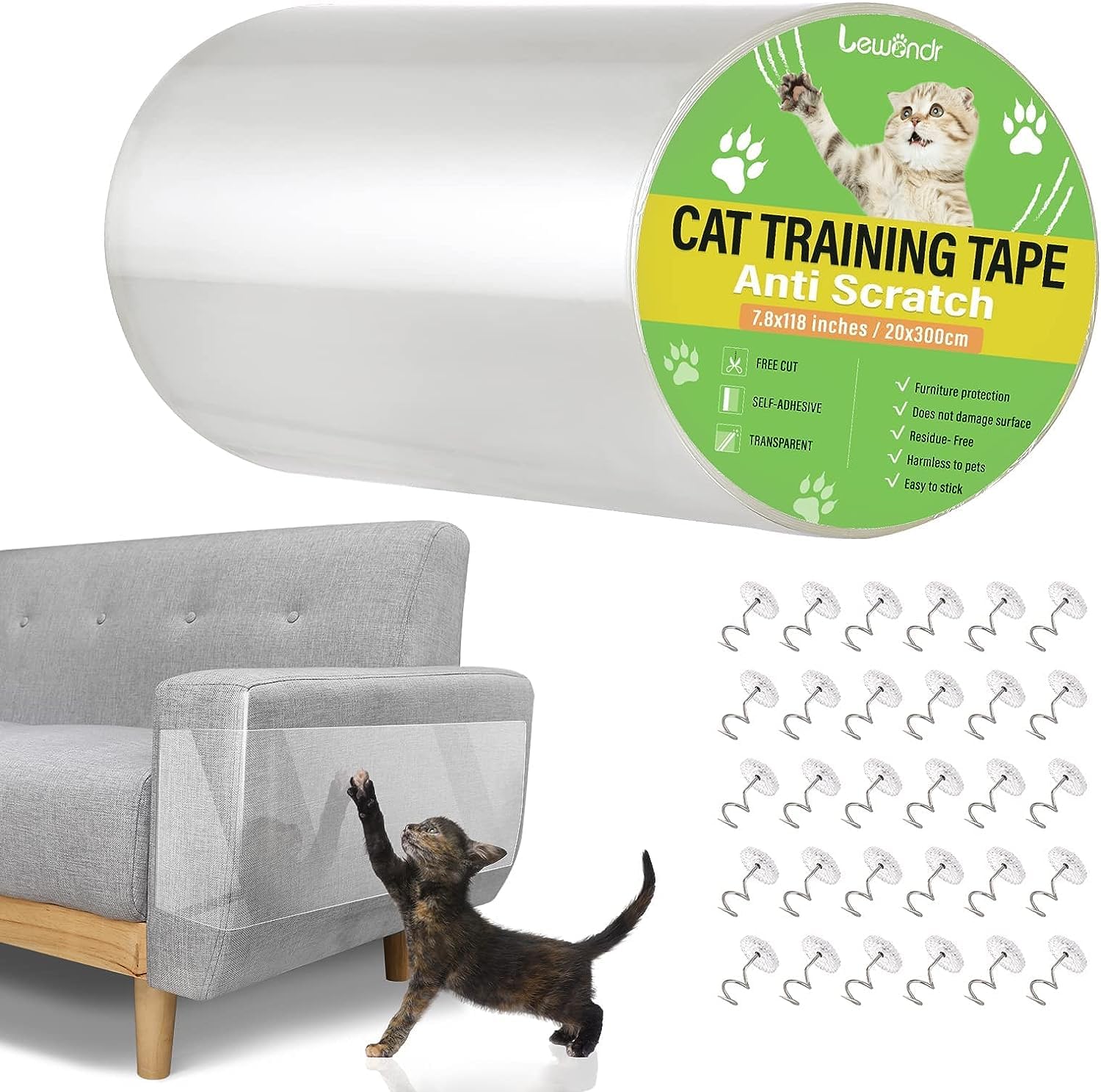 Lewondr Anti-Scratch Cat Scratching Deterrent Tape, 7.87x118 inches Transparent Clear Cat Scratch Furniture Protector, Single Side Cat Scratch Training Tape with 30 Pins for...