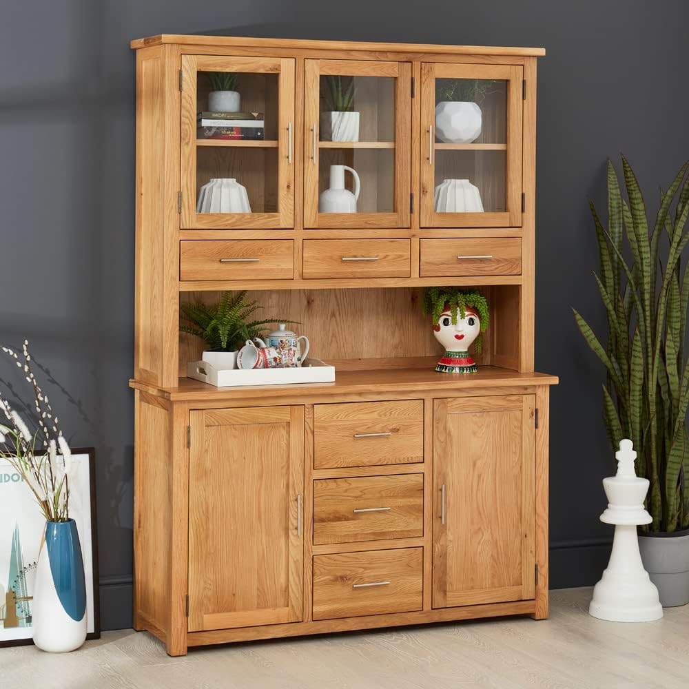 London Oak Large Dresser – Premium North American Oak, 3 Door Glazed Hutch & 2 Door, 3 Drawer Sideboard Base, Minor Assembly Required - H 1910mm x W 1360mm x D 420mm
