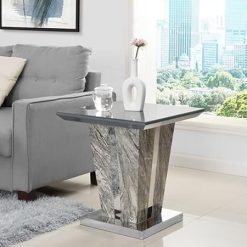 Melange Marble Effect Glass Top High Gloss Lamp Table In Grey