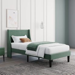 Merax Single Bed Frames | 3FT Upholstered Bed | Winged Headboard | Velvet Green 190 x 90 cm