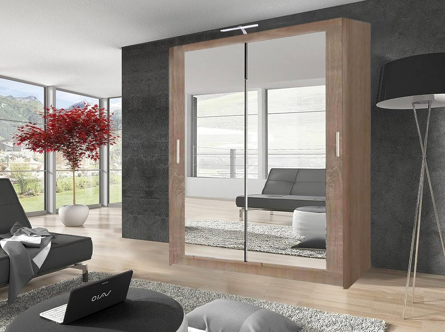 Modern Double Full Mirror sliding door wardrobe with 2 LED Light Width 100cm/120cm/150cm/180cm/203cm/250cm(100cm, Oak/Sonoma)
