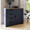 Modern Wooden Riviera Oak Chest Of 4 Drawers With Door | Wood Drawer Chests, Clothing Organiser, Bedroom Furniture, Sideboard Storage Cabinet (Navy)