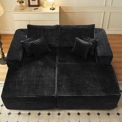 Modular Sectional Sofa Bed,Oversized Sectional Lounge Chaise,Cloud Plush Corduroy Modern Sleeper Loveseat for Living Room Bedroom Black 204 * 176 * 90cm