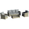 Outsunny 4 Pieces Patio Wicker Sofa Set, Outdoor PE Rattan Sectional Conversation Aluminium Frame Furniture Set w/Padded Cushion & 2-Tier Tea Table, Brown