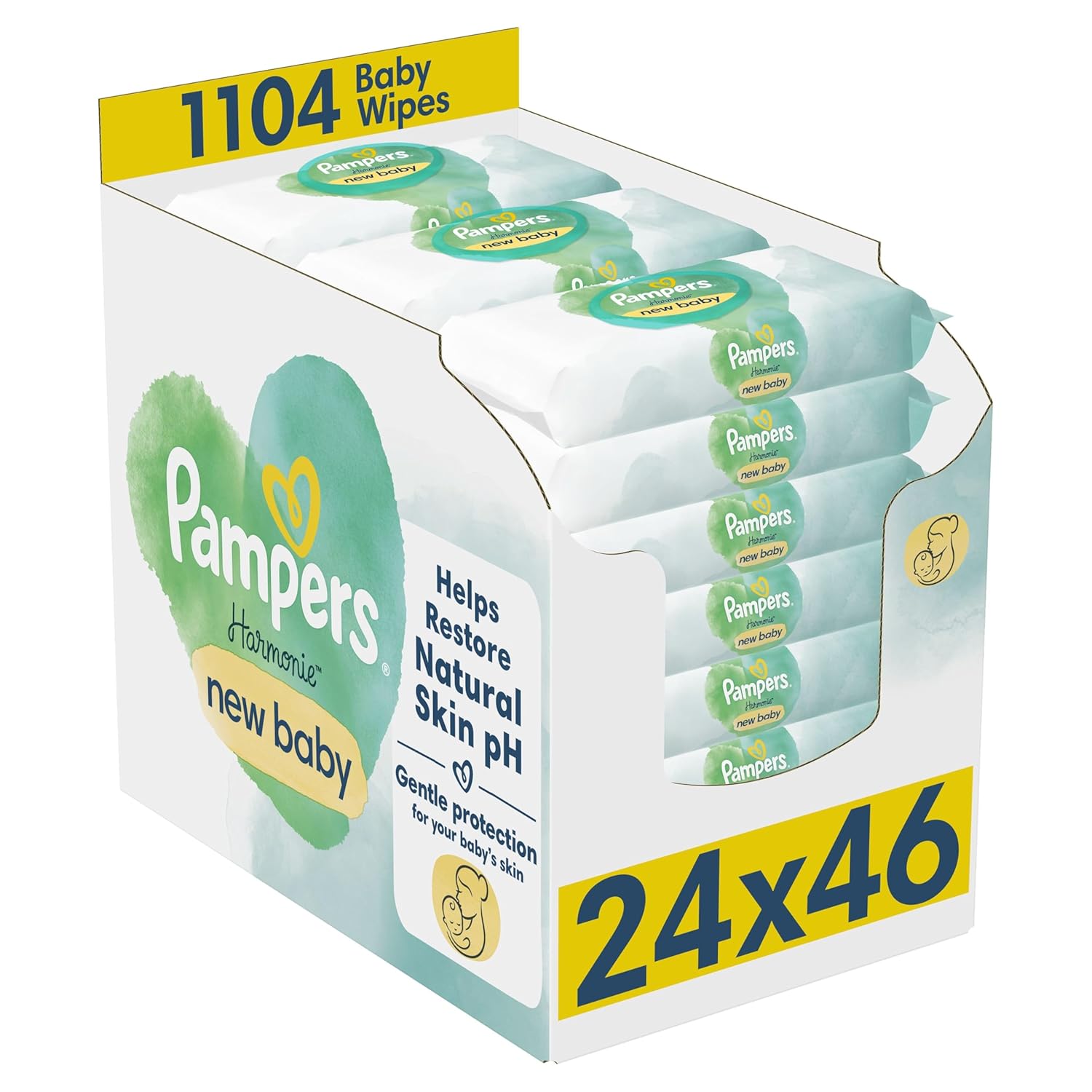 Pampers Harmonie New Baby Wipes Plastic Free 24 Packs of 46 Wipes, 1104 Baby Wet Wipes, Help Restore Natural Skin pH