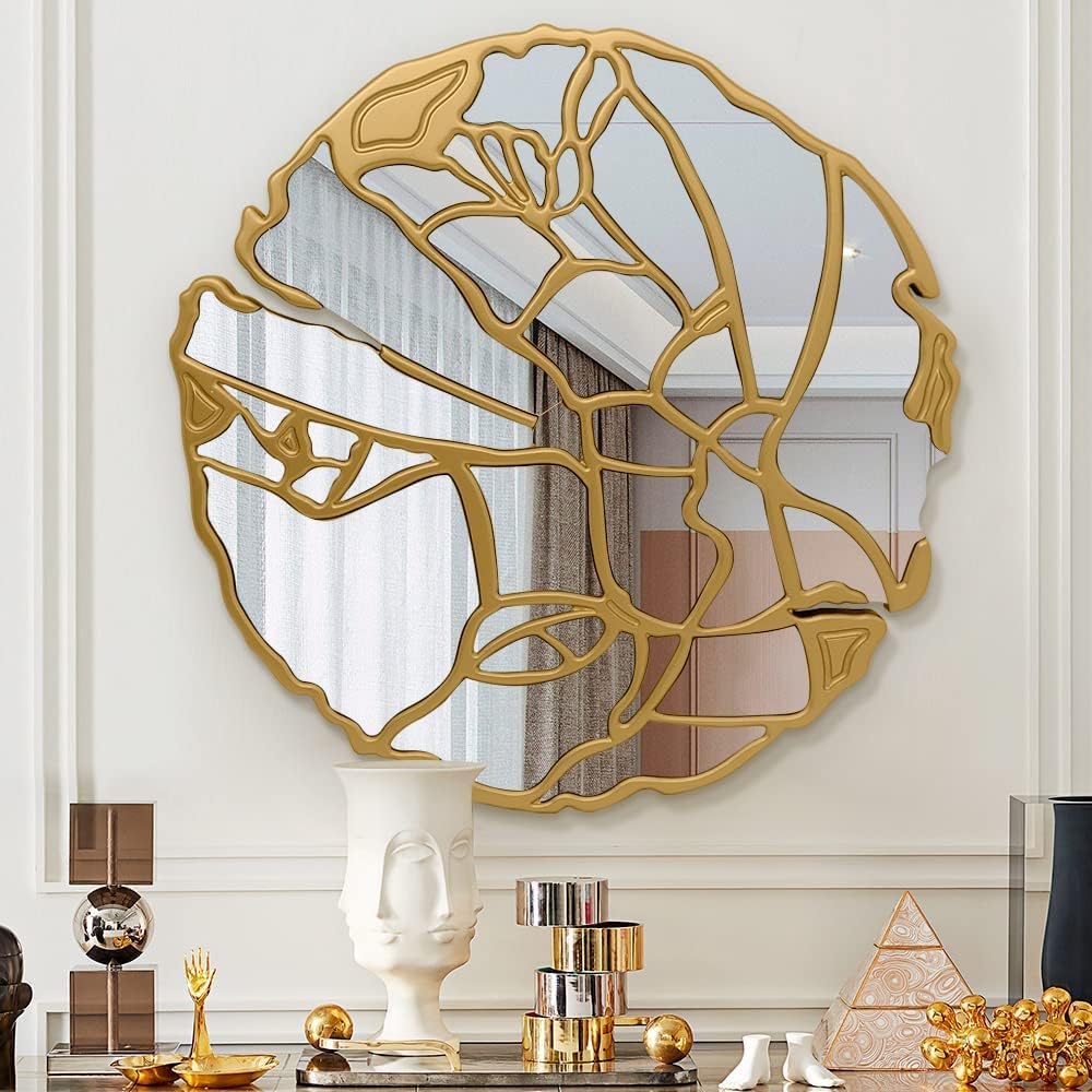 Pregaspor Pregaspor Round Wall Mirrors Decorative, 31.5'' Irregular Frame Gold Mirror for Wall Decor, Living Room, Entryway, Bedroom