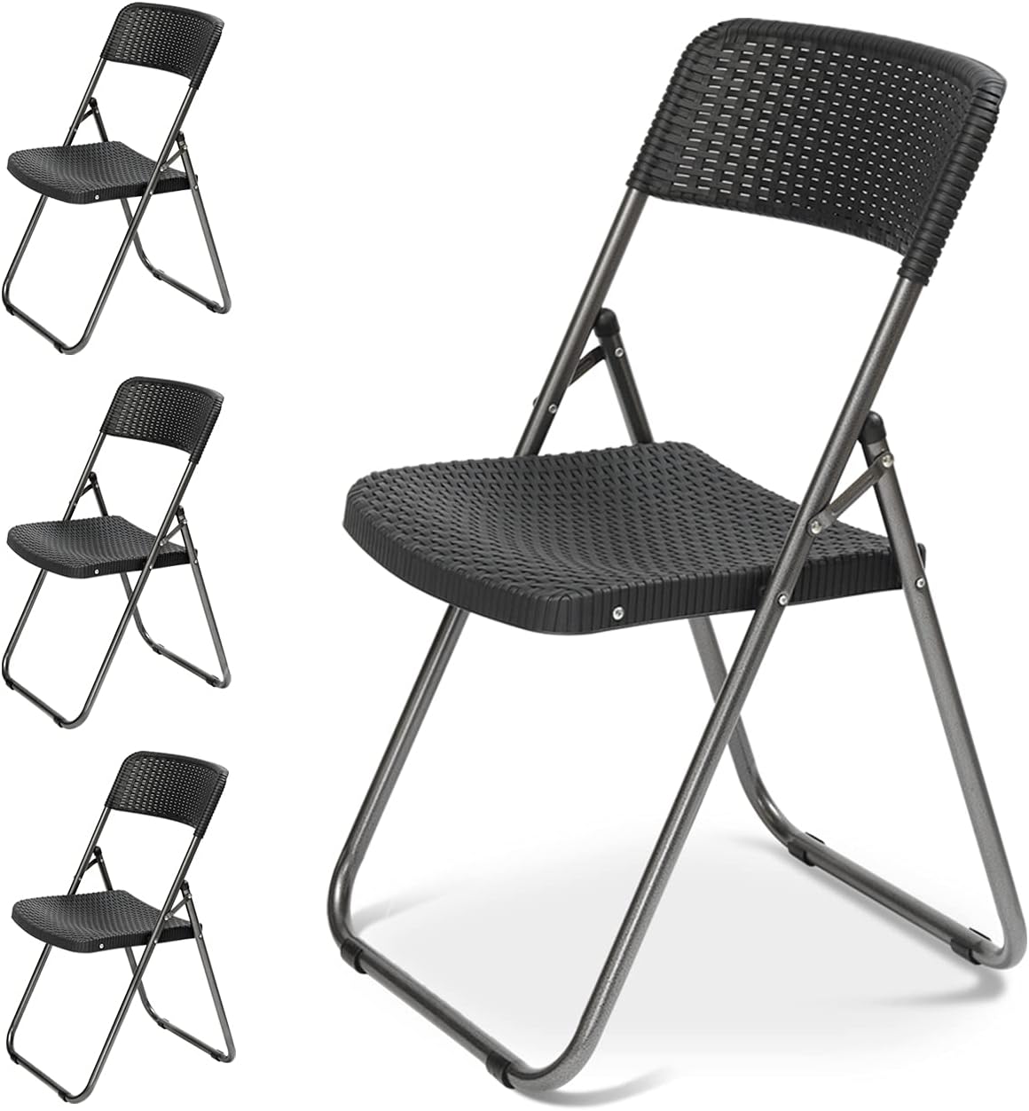 Sekey Garden Patio Furniture Folding Chairs, Rattan Look Plastic Outdoor Bistro Dining Chairs, Heavy Duty Durable Steel Frames for Indoor & Outdoor, 4-Pack Black.