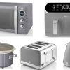 Swan Retro Grey 1.5L 3KW Jug Kettle, 4 Slice Toaster, 8L Dual Basket Air Fryer, 800W 20L Microwave and 3.5L Slow Cooker. Matching Retro Design Kitchen Set in Grey