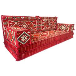 Three Seater Double Base Arabic Style Majlis Sofa Set Bohemian Floor Cushions (Red)