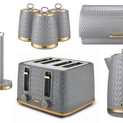TOWER Empire Grey Kitchen Set Including Jug Kettle, 4 Slice Toaster, Bread Bin, Set of 3 Canisters, Mug Tree & Towel Pole. Art Deco Design Kitchen Set of 8 Items in Grey with...