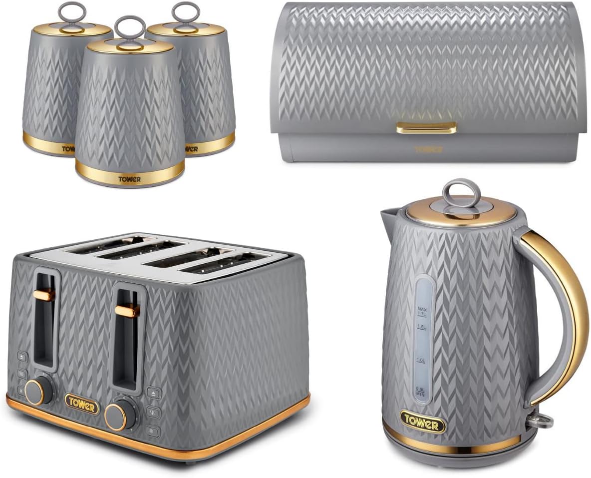 TOWER Empire Grey Kitchen Set Including Jug Kettle, 4 Slice Toaster, Bread Bin & Set of 3 Tea, Coffee & Sugar Canisters. Matching Art Deco Design Kitchen Set of 6 Items in Grey...