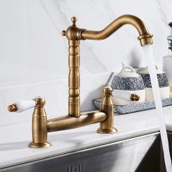 Traditional Kitchen Sink Mixer Tap, 2 Hole Dual Lever Bridge Brass Faucet 1/4 Turn Dual Ceramic Handles Tap Deck Mounted Hot and Cold Water Spout Faucet for Home Kitchen Sink...