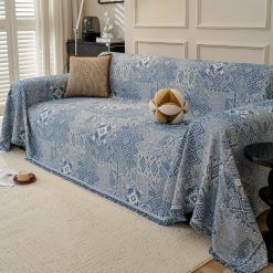 VanderHOME Reversible Chenille Sofa Throws Elegant Pattern Sofa Blanket with Decorative Tassels Versatile Throws for Sofas Large Throws for Sofa Bed All Season 180 * 340cm-Blue