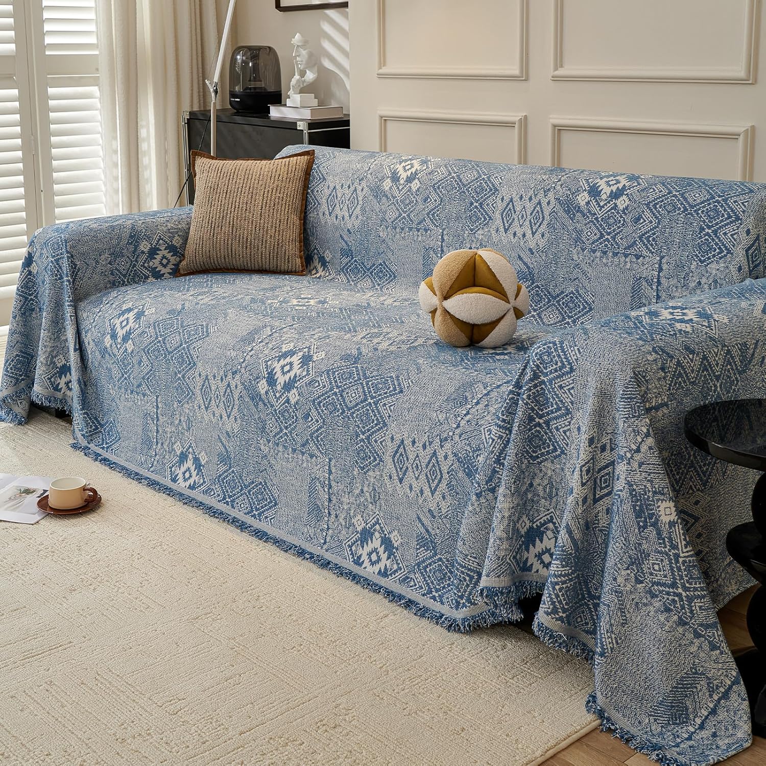VanderHOME Reversible Chenille Sofa Throws Elegant Pattern Sofa Blanket with Decorative Tassels Versatile Throws for Sofas Large Throws for Sofa Bed All Season 180 * 340cm-Blue