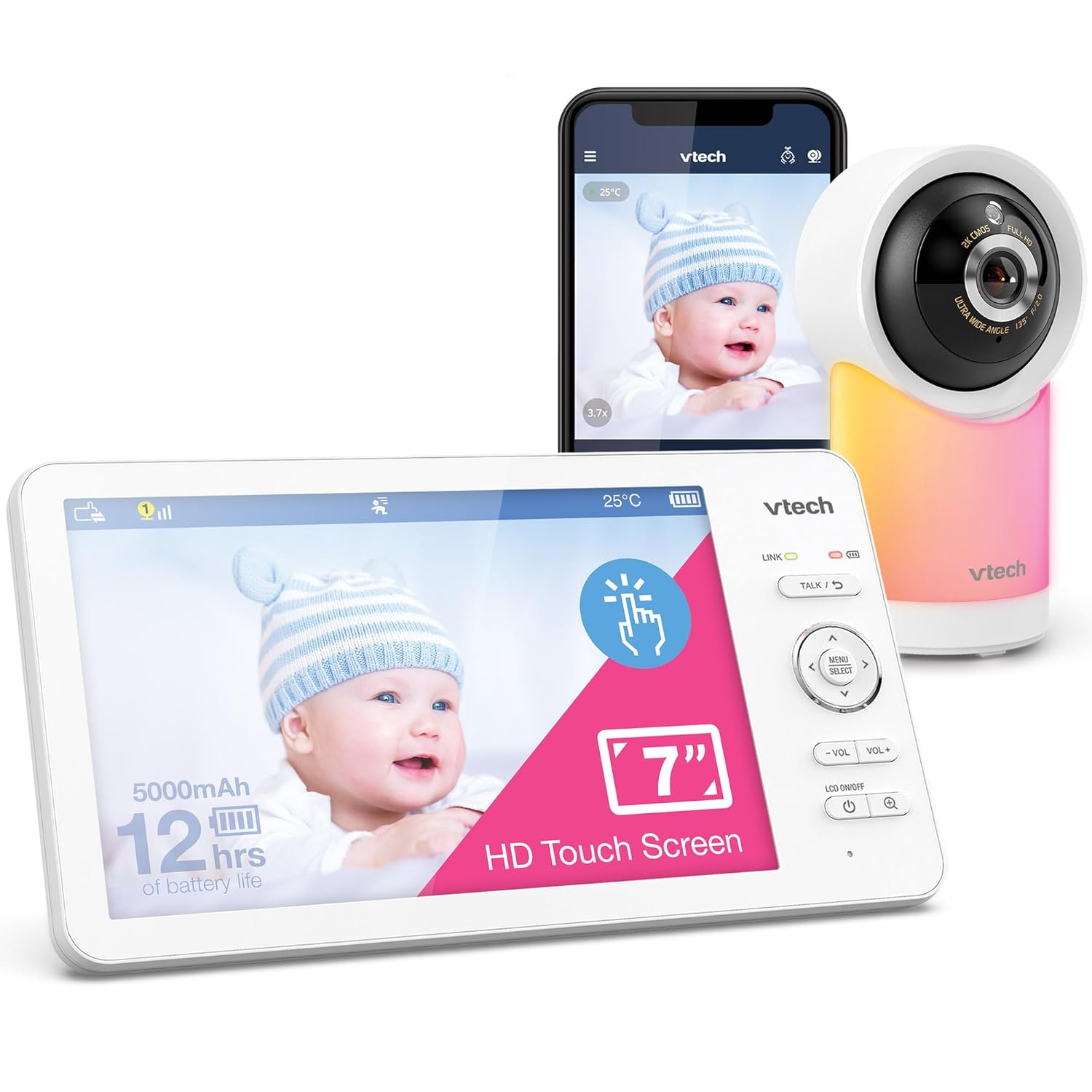 VTech RM7768HD Smart Wi-Fi Baby Monitor with 7"Touch Screen and 1080p HD Camera,360Â Pan&Tilt,135°Wide View,Night Light,Soothing Sounds,Temperature Sensor,Motion...