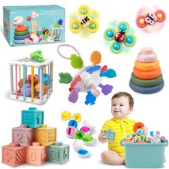 Weilim Baby Toys for 6 to 12 Months, Montessori Babies, Sensory Bins Toddlers 1-3, Pull String Teether Infants Bath in 1 Stacking Blocks Rings, Matching Eggs, Suction Cup...