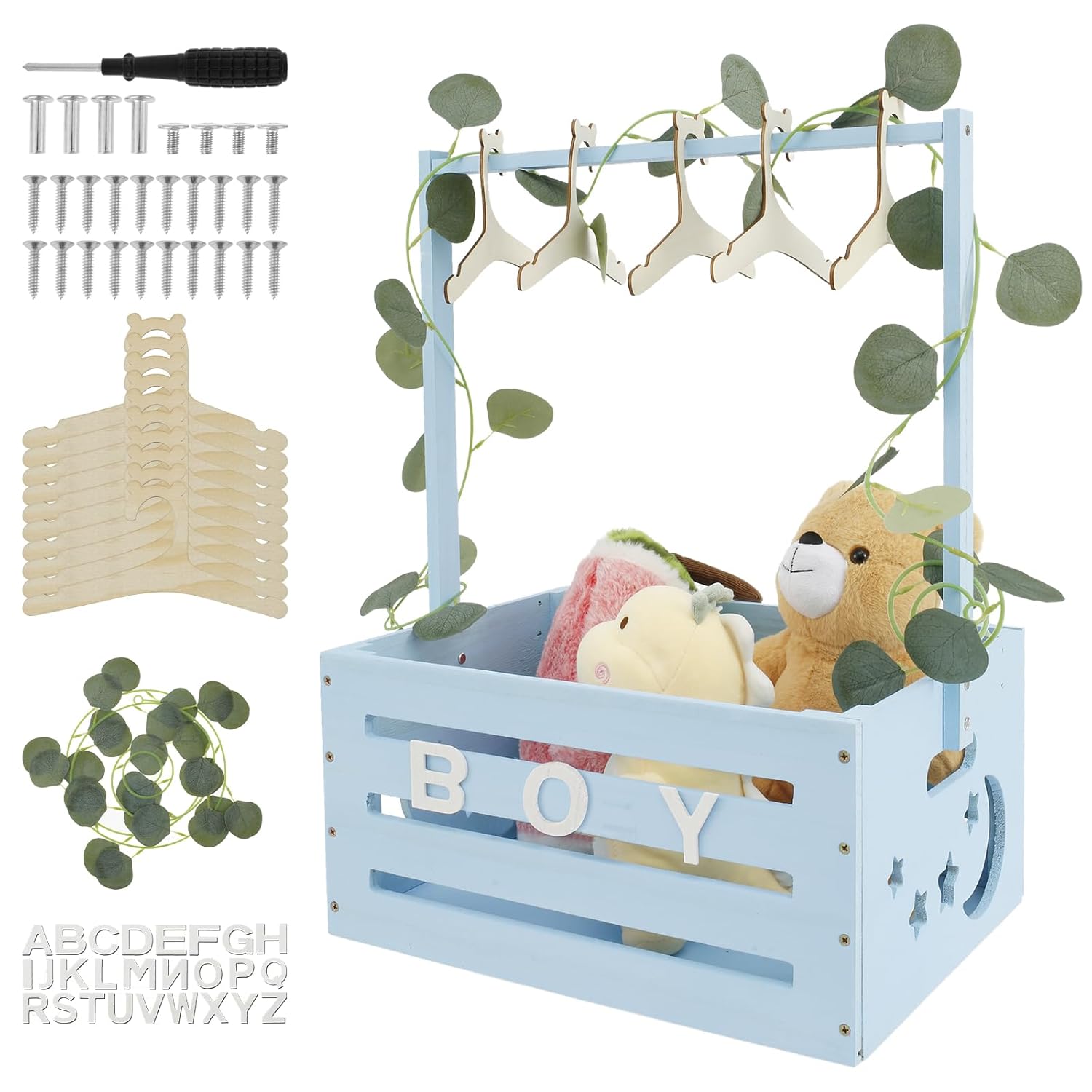 Wooden Baby Shower Crate Closet with Handle Smooth Wood Baby Shower Basket with 10 Hangers & Green Garland Large Capacity Baby Storage Crate Hamper for Baby Shower Pregnancy New...