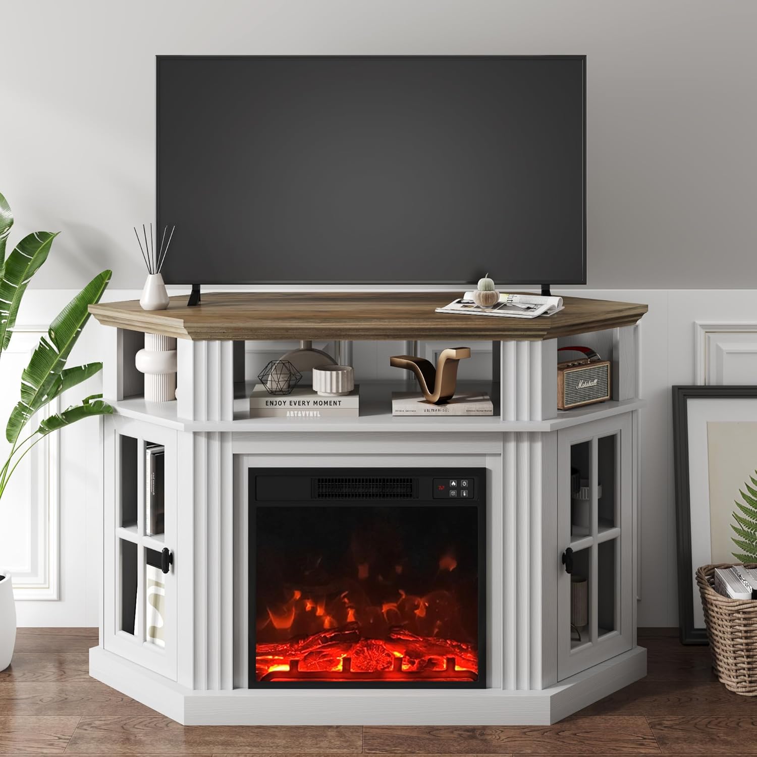 YESHOMY Corner Fireplace TV Stand for Television up to 55" with Storage Cabinets, Entertainment Center, Media Console for Living Room, Bedroom, White&Rustic