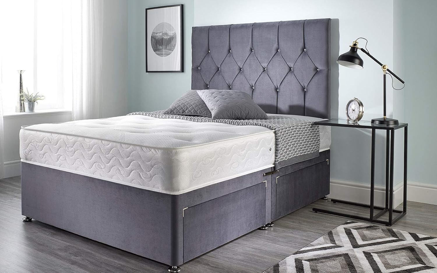 Ziggy Grey Plush Sprung Memory Foam Divan Bed With Mattress, No Headboard, No Drawers (Double (135cm X 190cm))
