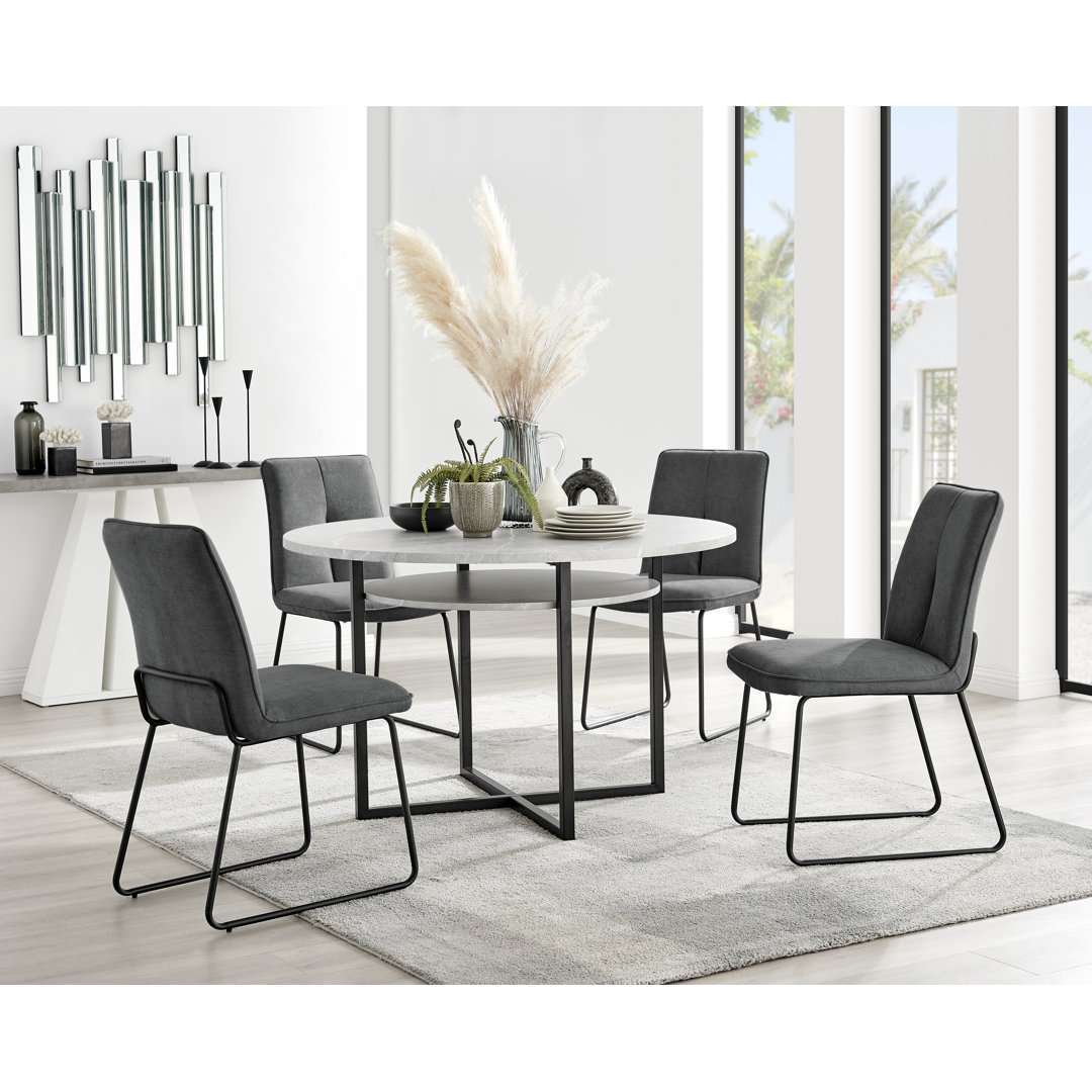 Adler Concrete Effect Round Dining Table Set with Shelf & 4 Luxury Modern Velvet Dining Chairs