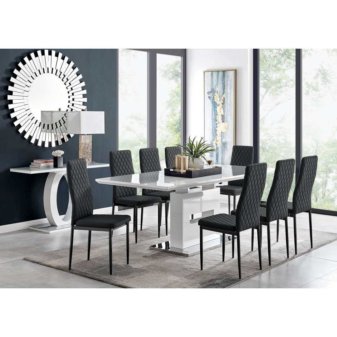 Alezzo Modern High Gloss Extendable Dining Table Set with 8 Quilted Faux Leather Dining Chairs