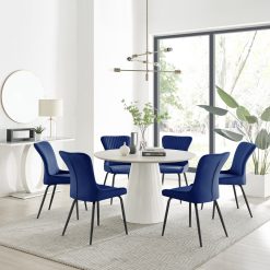 Edzard Statement 6 Person Round Dining Table Set in Luxury Stone Effect - Velvet Dining Chairs