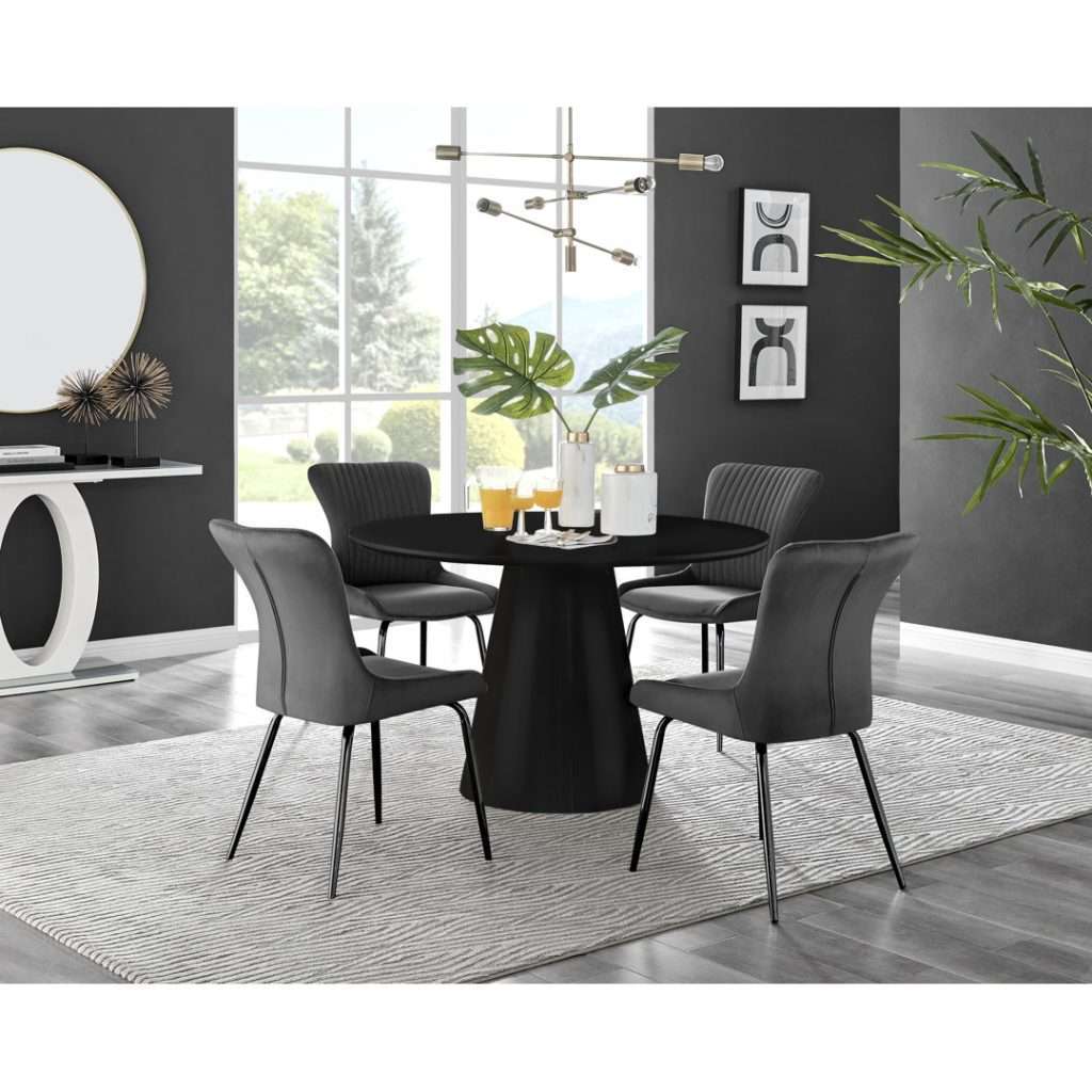 Edzard Statement Pedestal Round Dining Table Set in Black & 4 Luxury ...