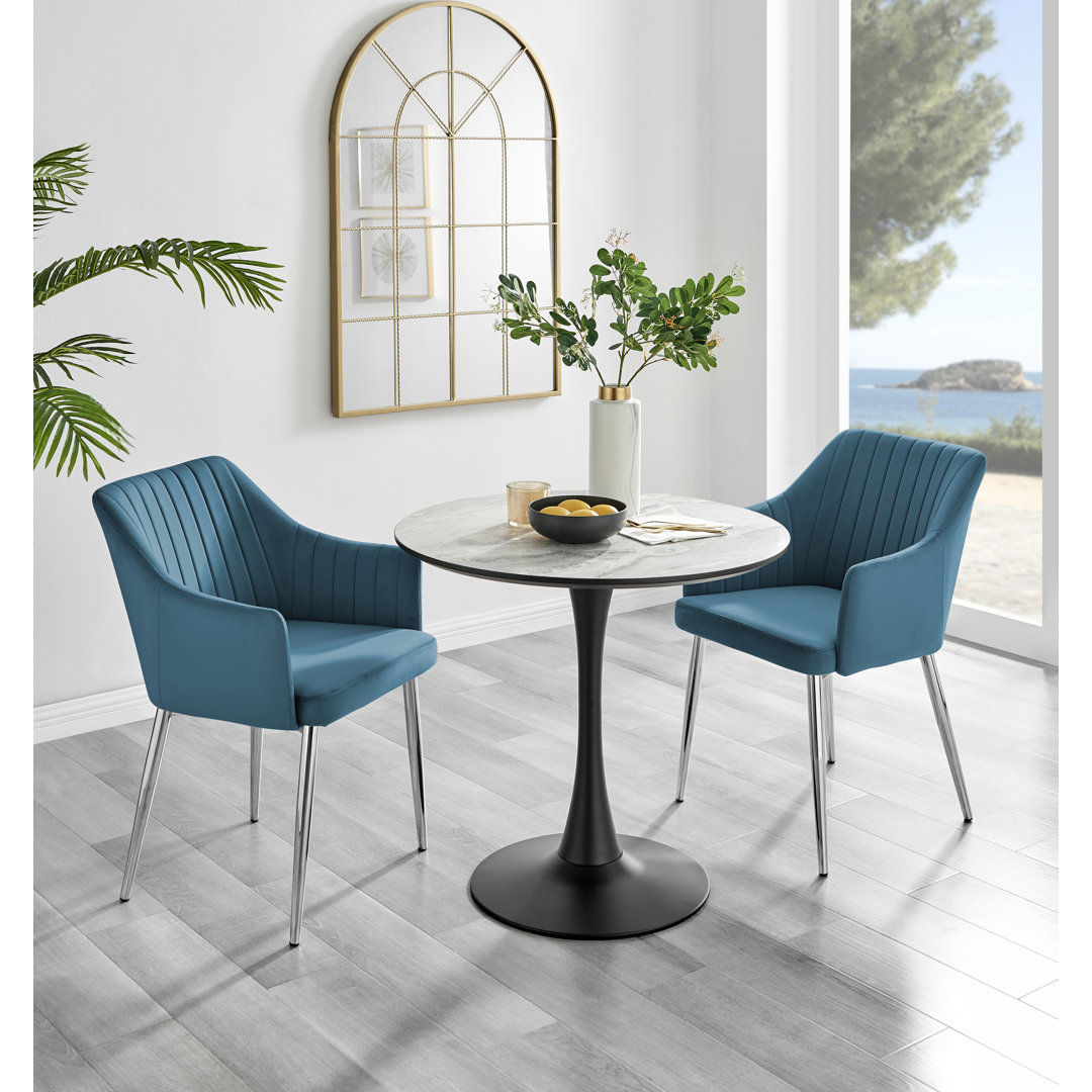 Ellis White Marble Effect Melamine Round Dining Table Set with 2 Luxury Modern Velvet Dining Chairs
