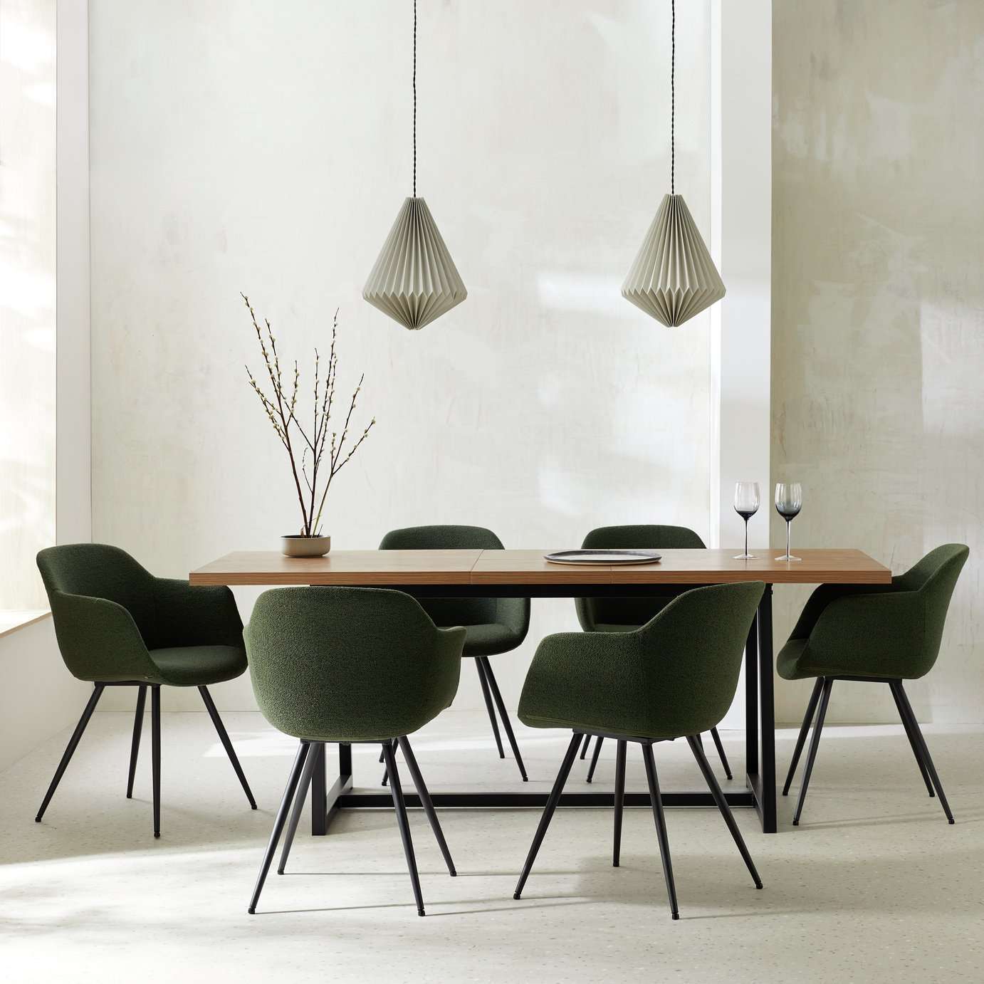 Habitat Nomad Extending Oak Dining Table & 6 Green Chairs