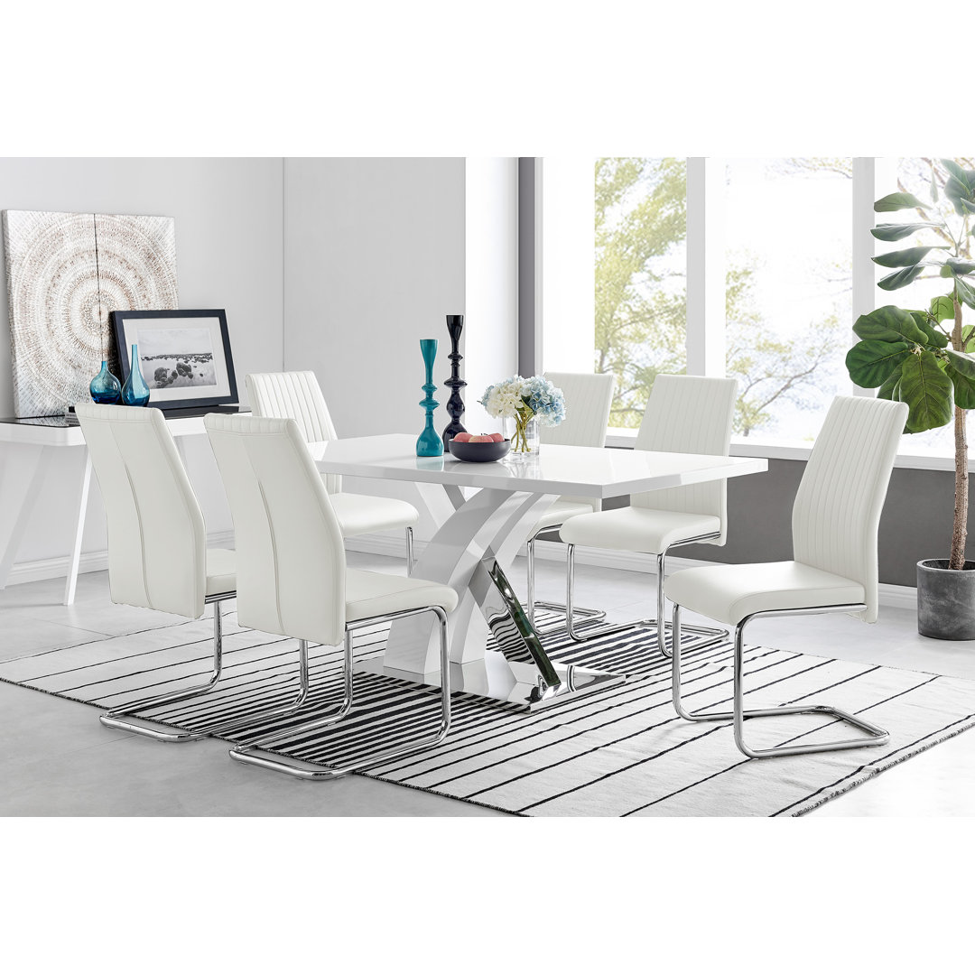 Marietta Chrome Metal and White High Gloss Dining Table Set - 6 Luxury Faux Leather Dining Chairs