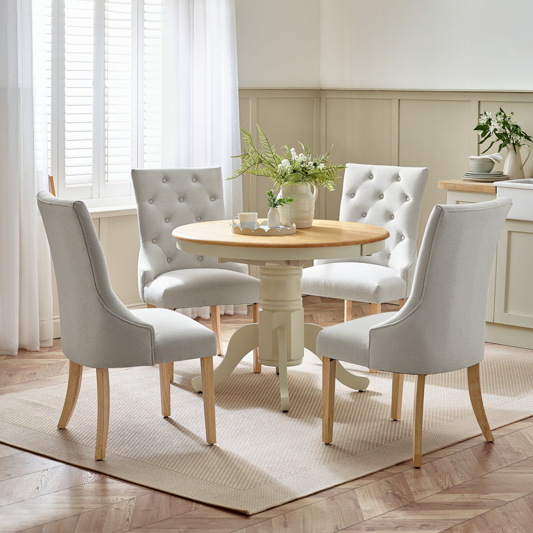 Prestow Extending Solid Wood Table With Eubanks Linen Fabric Chairs - Traditional Rustic Farmhouse