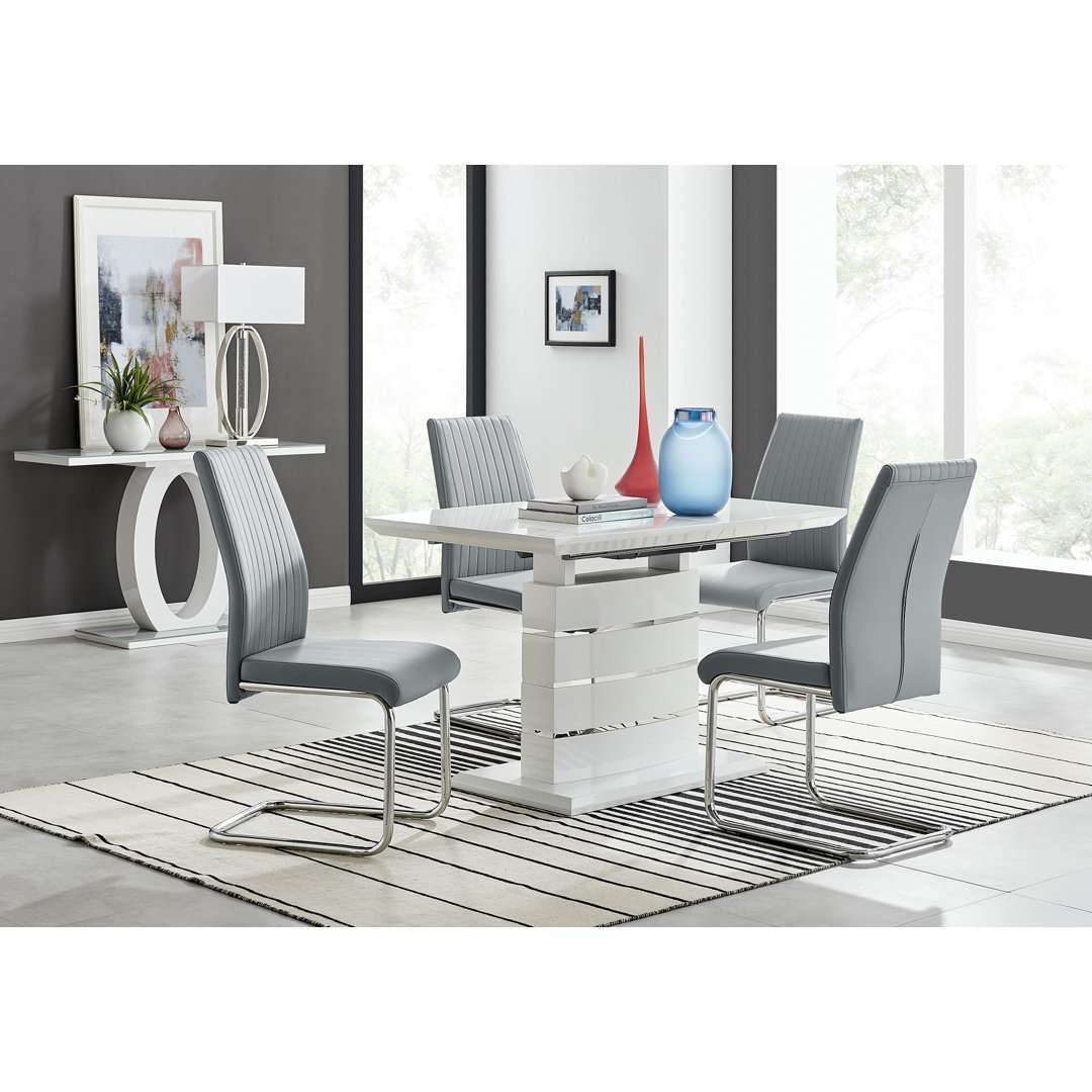 Renne Modern High Gloss Extendable Dining Table Set With 4 Upholstered Faux Leather Dining Chairs