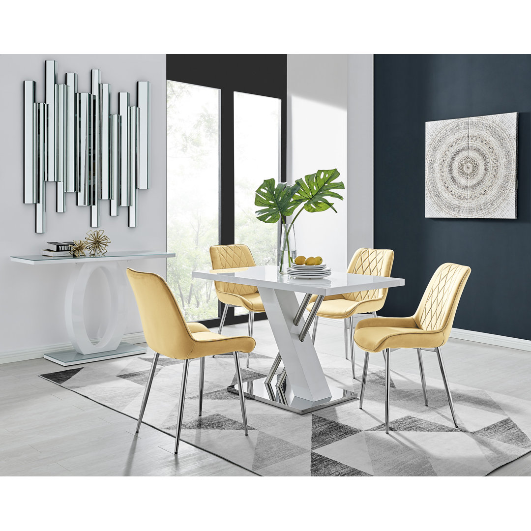 Sorro Cross Luxury High Gloss & Chrome Dining Table Set with 4 Luxury Velvet Leather Chairs