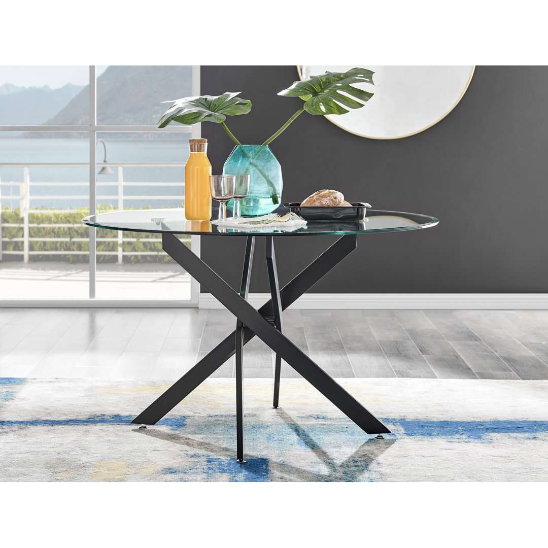 Tierra Modern Chrome Metal & Glass Round Dining Table Set with 4 Modern Design Faux Leather Chairs