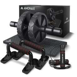 Amonax Convertible Ab Wheel Roller with Large Knee Mat for Core Abs Rollout Exercise. Double Wheel Set with Dual Fitness Strength Training Modes at Gym or Home