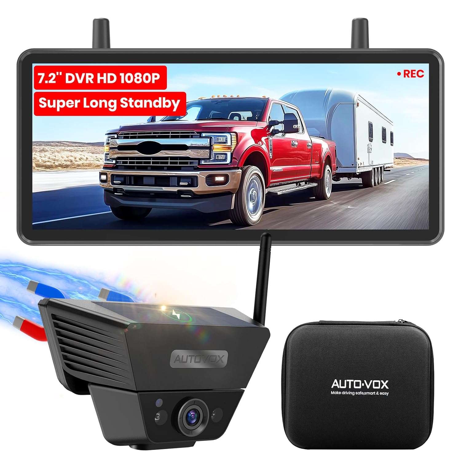 AUTO-VOX Solar Wireless Reversing Camera for Car,Van &Motorhome: 7.2" HD Screen, 1-Min Install,1080P Night Vision,Waterproof Reverse Camera,DVR Recording, Stable Signal for...
