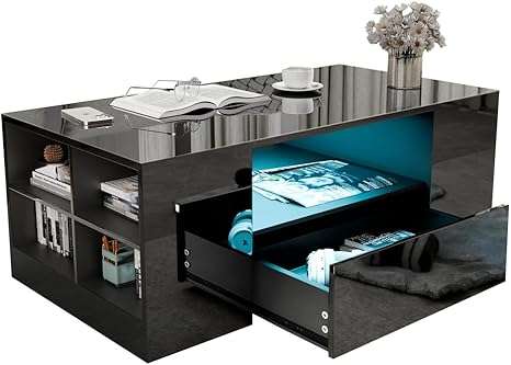 Blisswood Led Coffee Table with 2 Drawer Storage, High Gloss Coffee Table for Living Room Wooden Centre Table with RGB Led Lights Rectangle Tea Table for Living Room Furniture,...