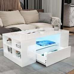 Blisswood Led Coffee Table with 2 Drawer Storage, High Gloss Coffee Table for Living Room Wooden Centre Table with RGB Led Lights Rectangle Tea Table for Living Room Furniture,...