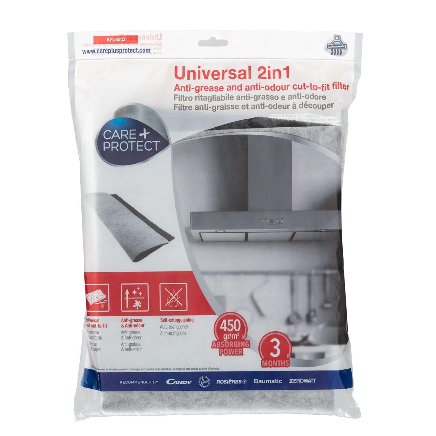 Care+Protect 2 in 1 Anti-Grease and Anti-Odour Filter for Hoods - Universal - Cut-to-Fit - High Absorption Power