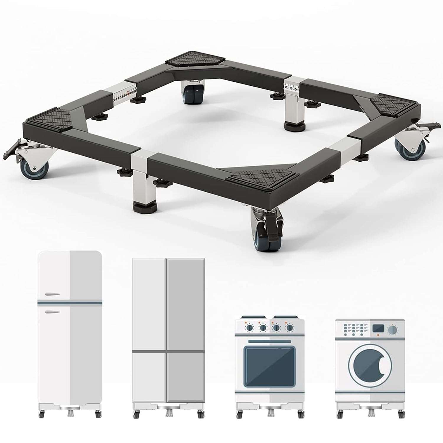 CHINCHILLA Heavy Duty All Stainless Steel Mobile Fridge Stand Base, Washing Machine Stand with Wheels, Adjustable Furniture Dolly for Washer, Refrigerator and Dryer(Large)