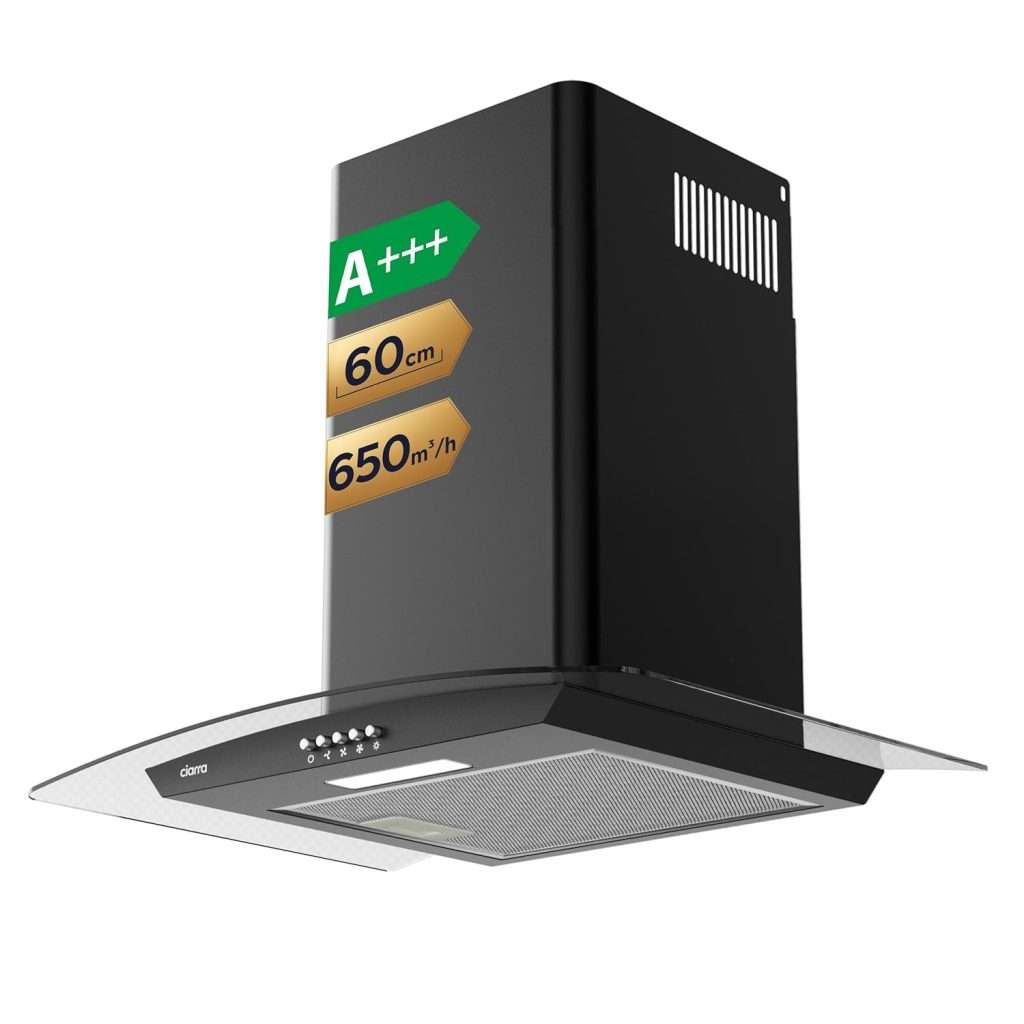 CIARRA 60cm Cooker Hood 650 m³/h Curved Glass Chimney Hood Black with ...